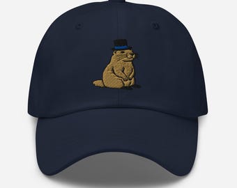 Groundhog Embroidered Dad Hat – Woodchuck in Top Hat, Unstructured Adjustable Cap,  9 Colors