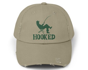 Hooked on Fishing Unisex Distressed Cap, Relaxed Angler with Rod