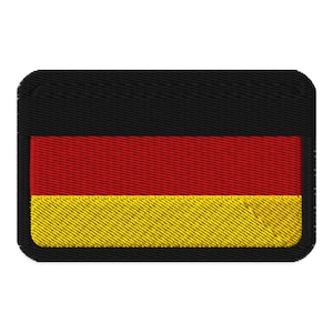 May include: Embroidered patch featuring the German flag. The rectangular patch has a black border and background. The flag design includes horizontal stripes of red, gold, and black. The patch is likely for clothing or accessories.