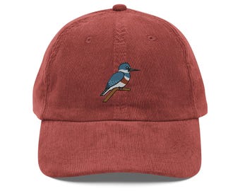 Female Belted Kingfisher Embroidered Corduroy Hat Unstructured Adjustable Dad Hat | Birdwatcher Gift