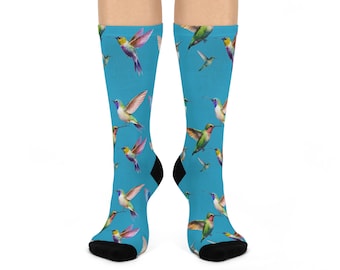 Hummingbirds on Light Blue Background Cushioned Crew Socks - Soft Comfortable Crew Socks, Bird Lover Gift, Floral Print Feet Warmers, Cute