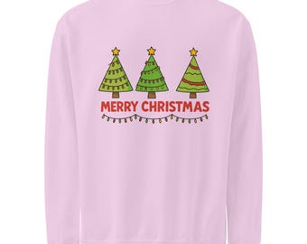 Merry Christmas Trees Sweatshirt | Garment-Dyed Crewneck | Festive Holiday Lights Graphic pullover