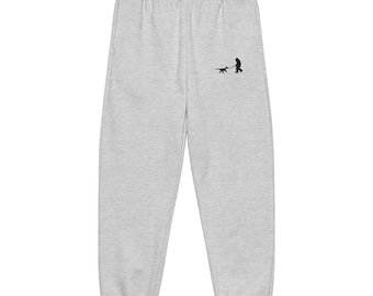 Bigfoot Walking a Pet Dinosaur Sweatpants – Funny Embroidered Heavyweight Sweatpants Joggers, Cryptid Loungewear, Sasquatch Pants