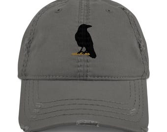 Embroidered Black Crow Hat Distressed Baseball Cap Adjustable Bird Hat for Men & Women