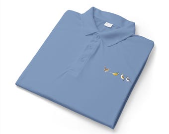 Backyard Birding DTF Polo Shirt | Carolina Wren, American Goldfinch, Chickadee, White-breasted Nuthatch