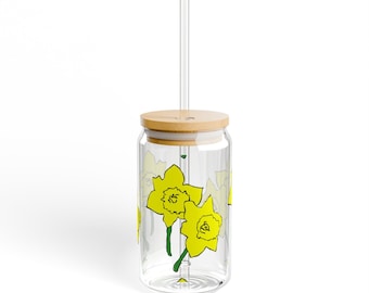 Iced Coffee Spring Daffodils Can Shaped Sipper Glass, 16oz With Lid and Straw