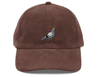 Vintage Embroidered Pigeon Corduroy Cap with Jester Hat Bird Design – Unique Retro Animal Hat Gift