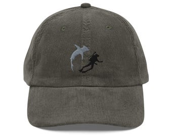 Swimming with Sharks Embroidered Hammerhead and Diver Vintage corduroy cap