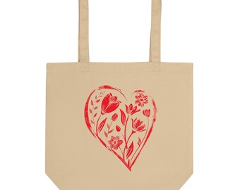 Red Heart and Wildflowers Eco Tote Bag | Reusable Grocery, Shopping & Beach Bag | Eco-Friendly, Stylish Canvas Tote