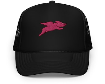 Flying Piggy Embroidered Foam Trucker Hat - Fun & Unique Snapback Cap - Cute Pig Design - Perfect Gift for Animal Lovers
