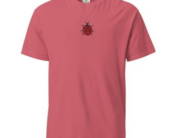 Ladybug Embroidered Unisex T-Shirt, Heavyweight Garment-Dyed Cotton, Casual Cute Tee for Men & Women