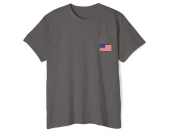 USA Flag Pocket Tee, American Flag Shirt, Patriotic Tee, Fourth of July T-Shirt, Unisex Cotton Tee