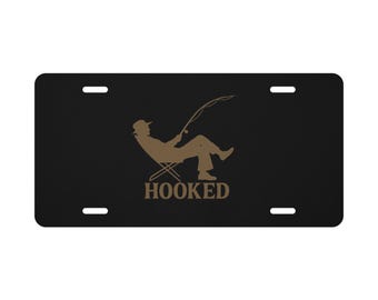 Hooked on Fishing Silhouette Vanity Plate – Relaxed Fisherman Car Tag