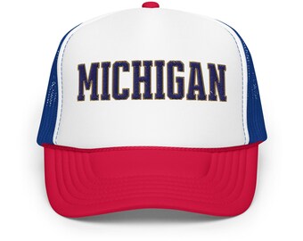 Michigan Foam Trucker Hat, Navy & Gold Varsity Style Embroidery, Retro State Pride Cap