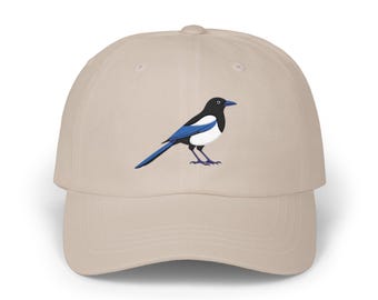 Black-Billed Magpie Embroidered Hat, Bird Lover Dad Cap, Adjustable Nature Cap