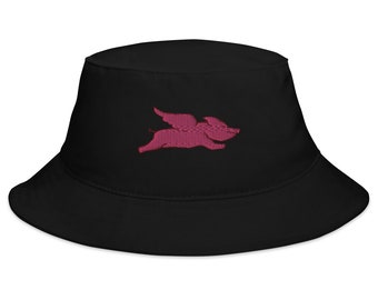 Flying Pig Embroidered Bucket Hat | Unisex Adult Beach Hat | Fun Gift for Pig Lovers & Summer Fashion