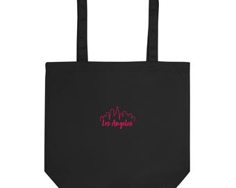 Las Angeles Skyline Flamingo Colored Line Art Embroidered Eco Tote Bag