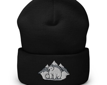 Mountains with Polar Bear Cuffed Beanie | Cozy Knit Hat for Winter, Outdoor Activities & Gifts for Animal Lovers