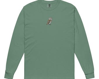 Barn Owl Shirt | Embroidered Bird Design | Heavyweight Long-Sleeve Garment-Dyed Tee for Nature Lovers & Birdwatching