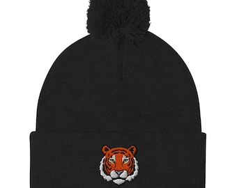 Tiger Face Embroidered Pom-Pom Beanie | Cute Winter Hat | Warm Knit Cap with Fun Animal Design