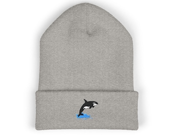 Orca Killer Whale Jumping Splash Embroidered Cuffed Beanie, Nature-Inspired Design for Ocean Enthusiasts