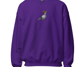 Pigeon Wearing Jester Hat Embroidered Unisex Sweatshirt | Funny Bird Apparel | Unique Gift Idea for Bird Lovers