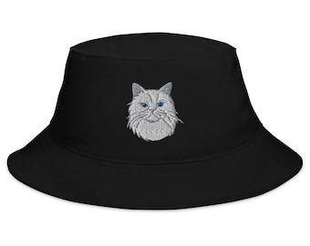 Cute White Persian Cat Embroidered Bucket Hat Gift for Cat Lovers