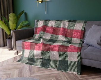 Velvet Throw Blanket, Farmhouse Style Plush Sofa Cover, Red and Green Gingham Cuddle Blanket, Cozy Country Living Room Decor, Soft Checkered