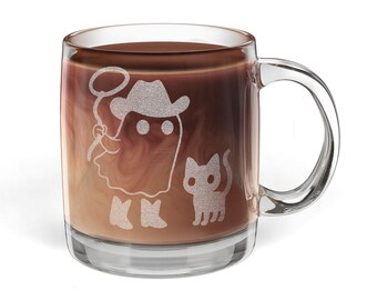 Engraved Ghost Cowboy and Cat Mug, 12.25 oz