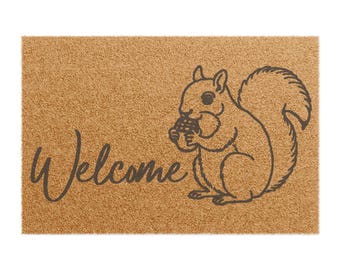 Squirrel Welcome Coir Doormat, Printed Outdoor Rug, Front Porch Decor, Wildlife Lover