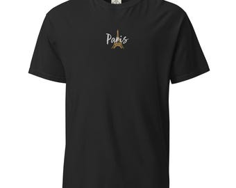 Embroidered Paris Eiffel Tower T-Shirt Unisex Heavyweight Garment-Dyed Cotton Graphic Tee