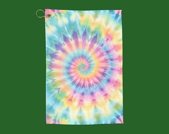 Tie-Dye Golf Towel Rainbow Spiral Accessory Colorful with Grommet & Clip