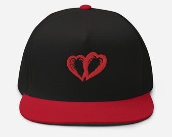 Embroidered Flat Bill Cap - Two Red Hearts Design, Trendy Unisex Snapback Hat, Unique Gift Idea, Customizable Fashion Accessory