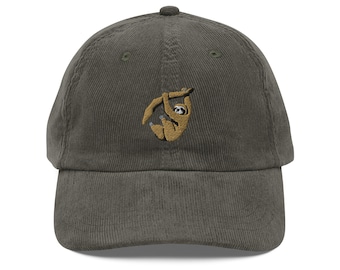 Vintage Corduroy Cap with Embroidered Sloth - Retro Adjustable Hat for Men & Women, Casual Streetwear Accessory