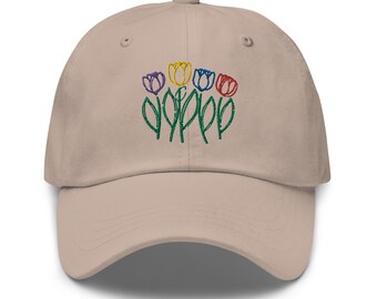 Embroidered Tulip Dad Hat - Purple, Yellow, Blue, Red Flowers - Trendy Floral Cap - Colorful Hat