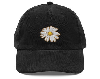 White Daisy Embroidered Vintage Corduroy Cap - Stylish Hat for Women and Men with a  Floral Design