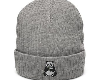 Cute Panda Embroidered Ribbed Knit Beanie