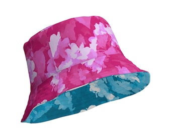 Sombrero de pescador floral reversible rosa y azul Diseño de jazmín salvaje
