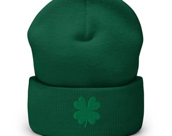 Green Shamrock 4 Leaf Cuffed Beanie | St. Patrick's Day Gift | Lucky Clover Hat | Winter Accessories for Women & Men
