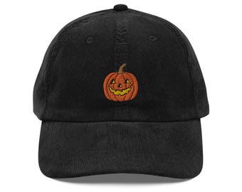 Jack O Lantern Embroidered Corduroy Hat Cute & Fun Fall Cap for Halloween Spooky Season