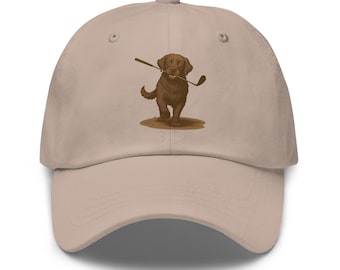 Chocolate Lab Golf Hat – Labrador Retriever with Golf Club – DTF Printed Dog Lover Cap