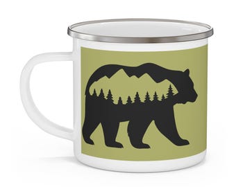 Grizzly Bear Enamel Mug, Campfire Mug, Mountain Camping Cup, Outdoor Adventure Mug, Wilderness Mug