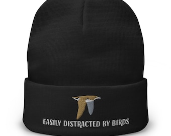 Embroidered Easily Distracted by Birds Shearwater Beanie | Cozy Knit Hat for Nature Lovers & Birdwatching Enthusiasts