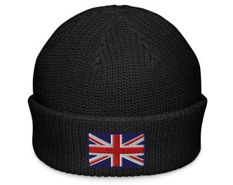 Union Jack Embroidered Knit Beanie: British Flag Winter Hat