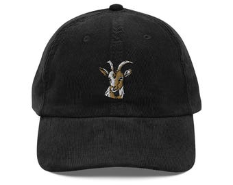 Goat Head Embroidered Vintage Corduroy Cap | Retro Hat for Animal Lovers & Unique Accessories