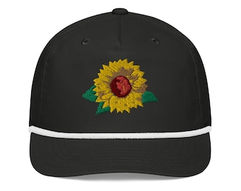 Sunflower Embroidered Golf Rope Cap: Vintage Style Cotton Blend Hat