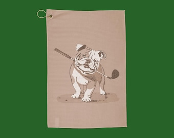Bulldog with a Putter Vintage Style Golf Towels, Funny Golf Dog