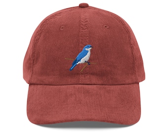 Blue Bird Embroidered Vintage corduroy cap Unique Retro Hat with Embroidery