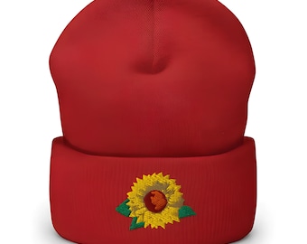 Embroidered Sunflower Flower Cuffed Beanie | Cozy Winter Hat | Gift for Her & Him