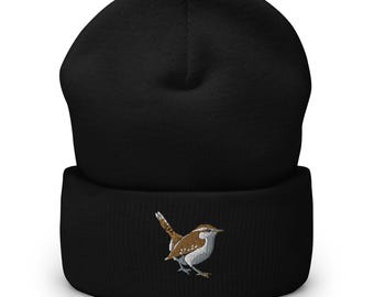 Embroidered Carolina Wren Bird Cuffed Beanie | Warm & Stylish Winter Hat | Unique Gift for Nature Lovers